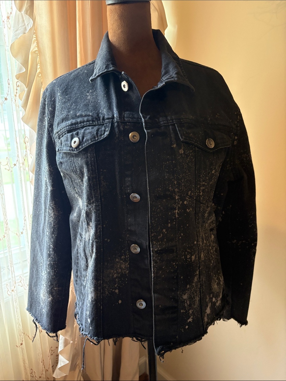 Distressed Black Denim Jacket with Bleach Splatter
